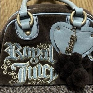 Juicy Couture Brown Velvet Satchel with Light Blue Trim & Heart Accent